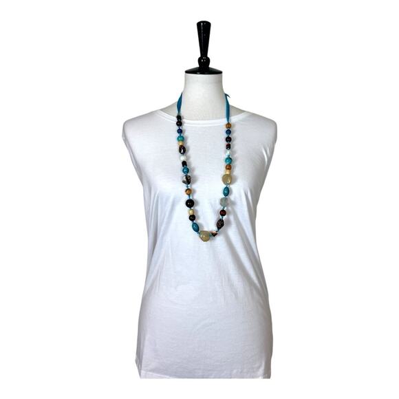 Cookie Lee Necklace Bracelet Set Beaded Faux Stone Teal Tan Multi 18” Length - Picture 7 of 14